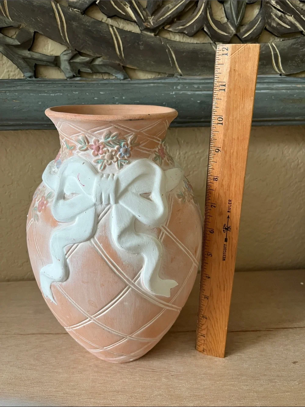 Decorative Peach/Terracotta  Ceramic Vase with White Bow Accent